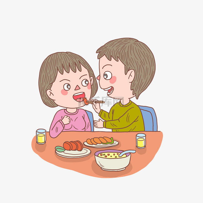 手绘人物约会情侣喂饭吃