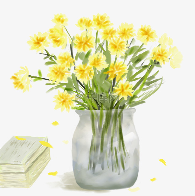 黄色小雏菊唯美手绘插花瓶花