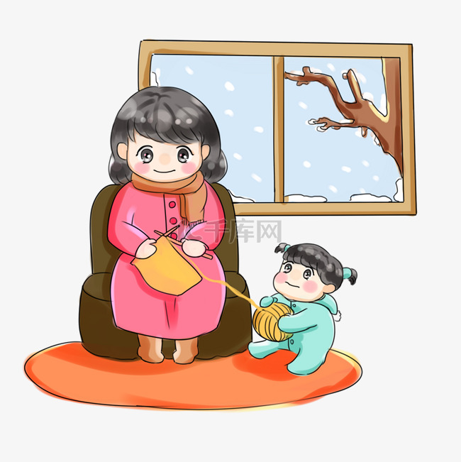 冬天冬季系列卡通手绘Q版织毛衣