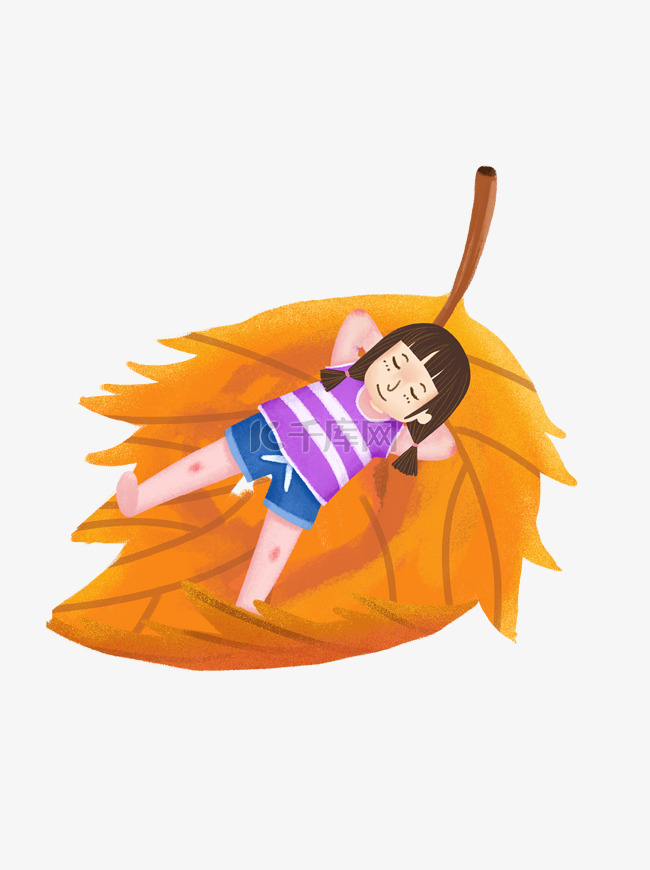 彩绘睡在叶子上的小女孩插画设计