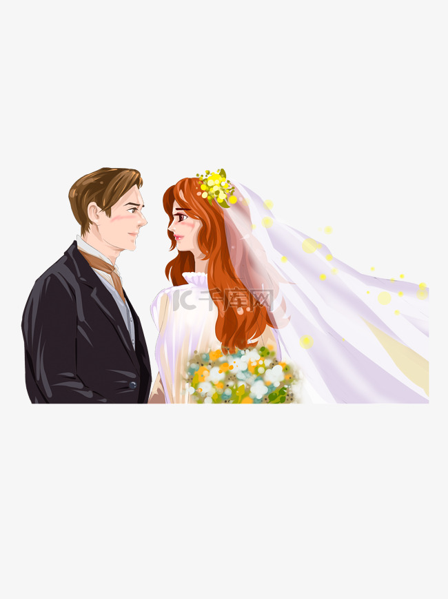 手拿手捧花深情相望的卡通新郎和