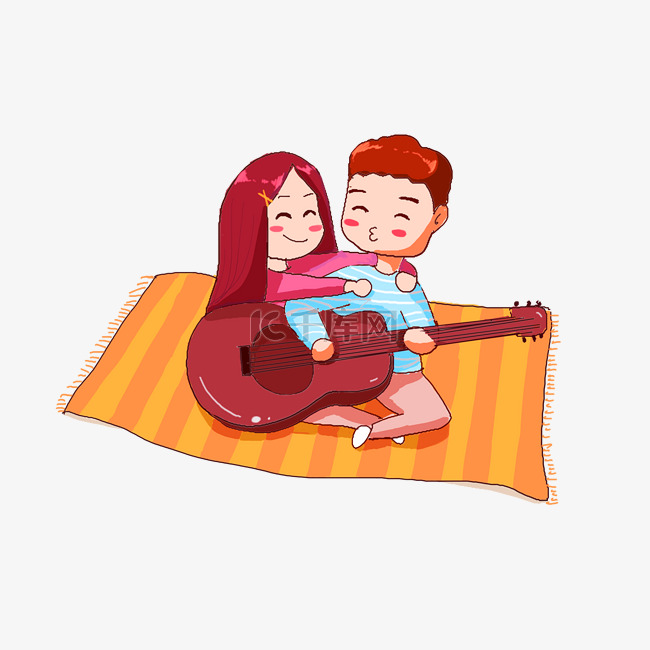 坐在毯子上弹吉他的亲密情侣