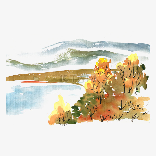 秋季的湖畔水彩画PNG免抠素材