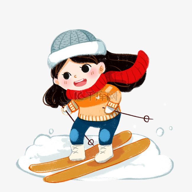 冬季滑雪场滑雪的戴帽子的小女孩