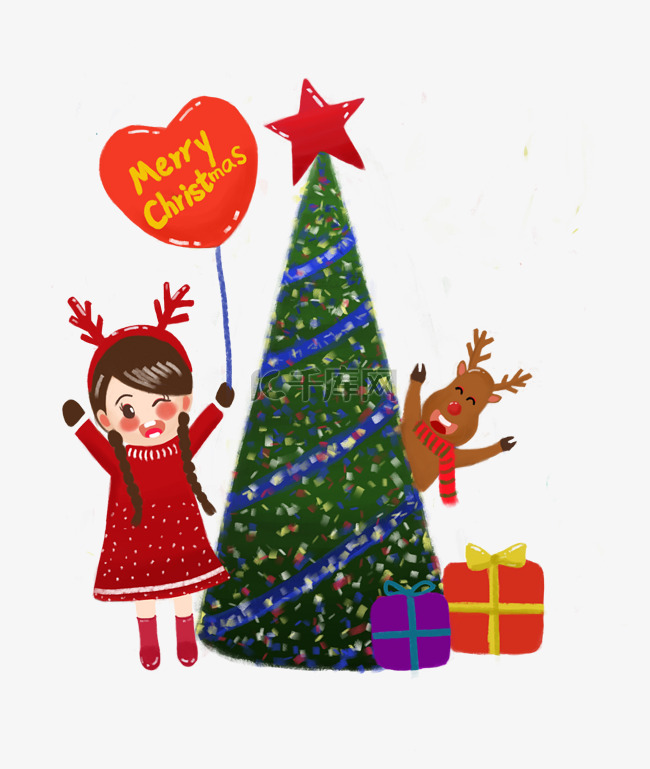 圣诞树旁可爱女孩和大笑的驯鹿