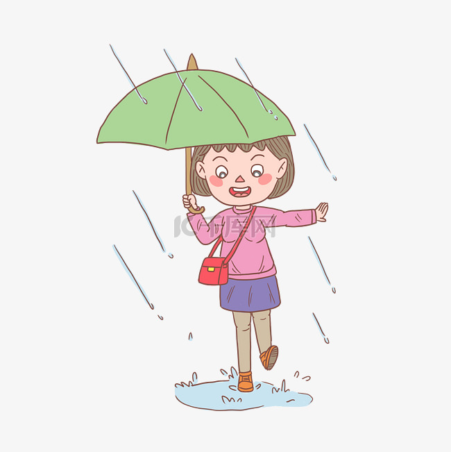 卡通手绘人物雨天玩耍女孩