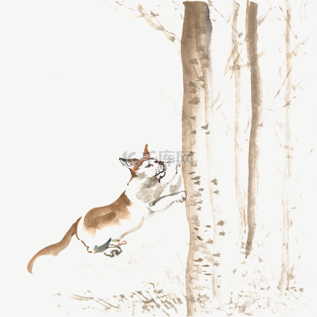 爬树的小猫水墨画PNG免抠素材