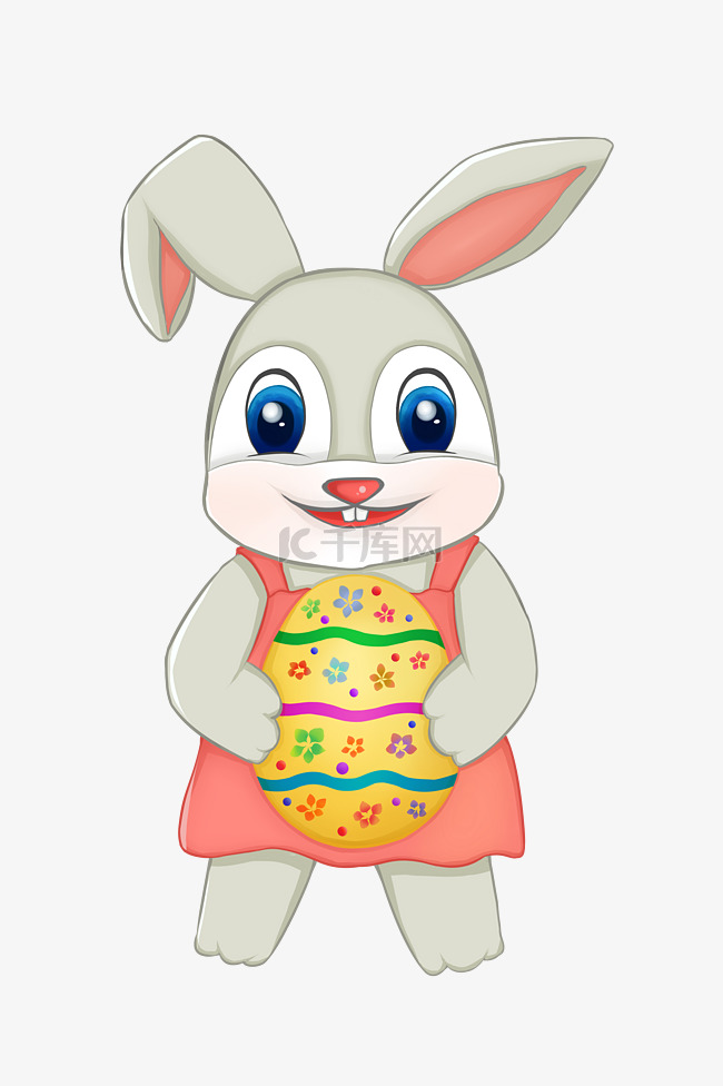 手绘复活节抱彩蛋的卡通兔子