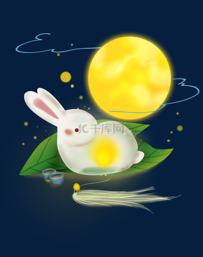 手绘中秋节月亮和兔子灯