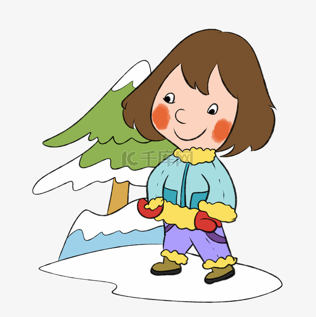 冬季小女孩开心看雪景