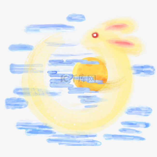 中国风水墨水彩中秋节抱月的兔子