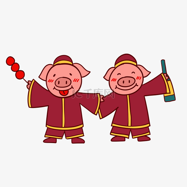 手绘矢量卡通猪年新年两只小猪