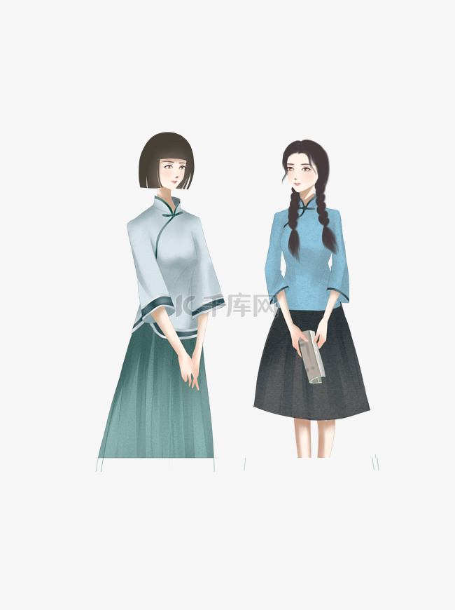 两个民国旗袍打扮的女学生卡通元