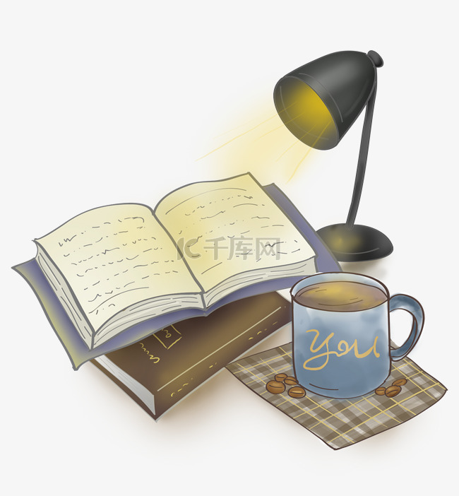 台灯咖啡杯和书籍