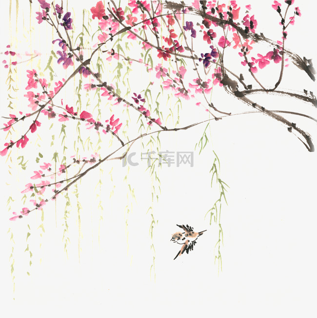 春天的花与小鸟水墨画PNG免抠