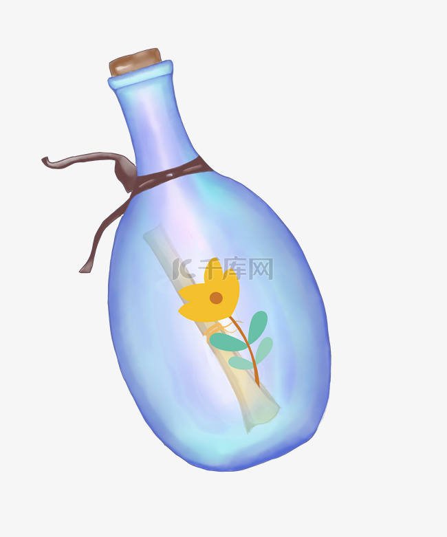 黄色花朵蓝色漂流瓶插画