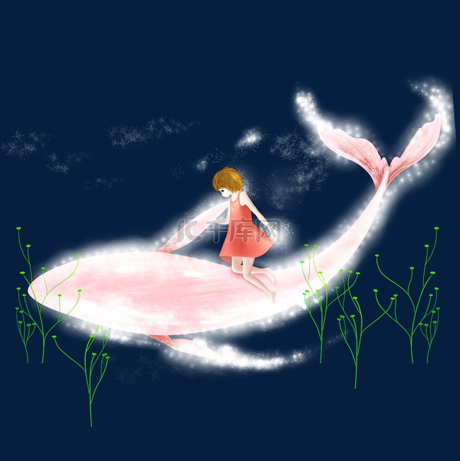 梦幻生物女孩与鲸鱼文艺复古小清