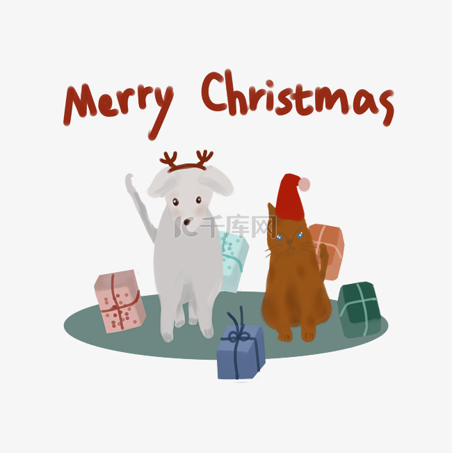 圣诞节插画宠物猫狗圣诞快乐PN
