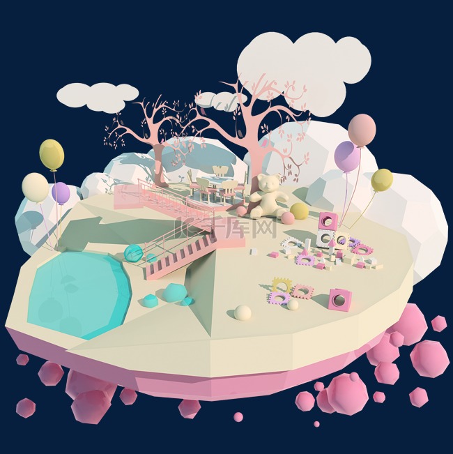 3D粉色梦幻游乐园卡通泳池立体C4D