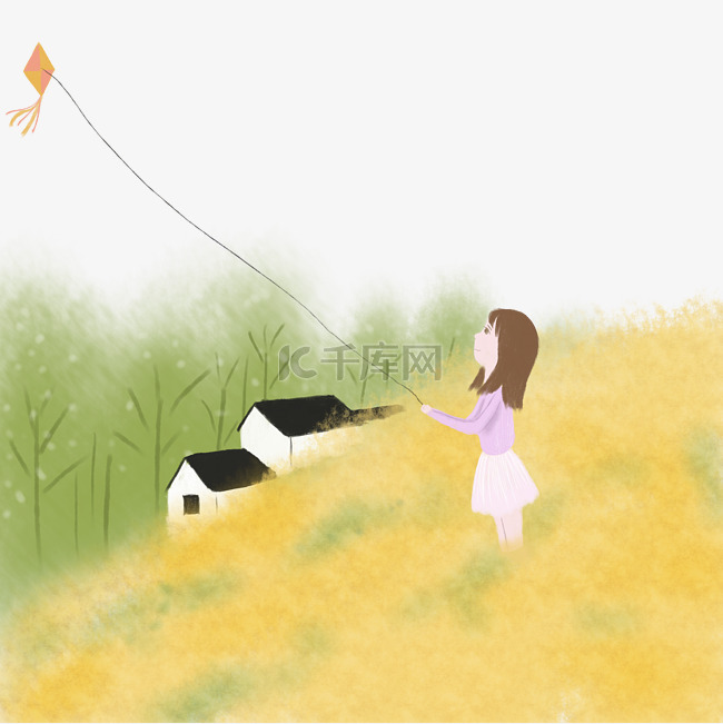 油菜花田里放风筝的女孩手绘插画