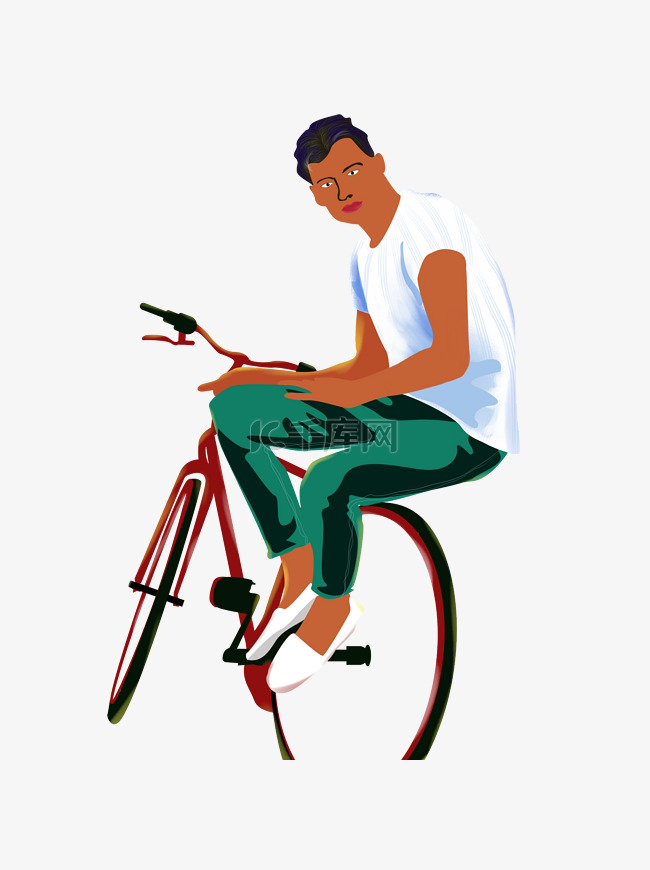 手绘复古坐在自行车上的少年可商
