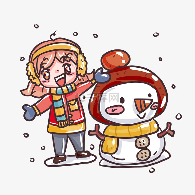 冬季下雪可爱女孩堆雪人打雪仗卡