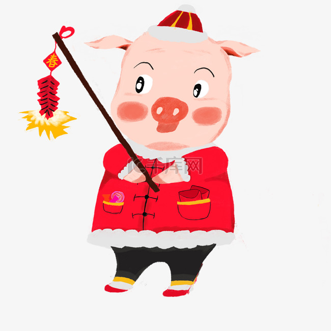 可爱小猪猪放鞭炮卡通手绘插画