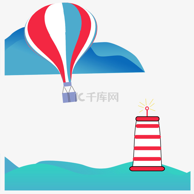 山水海边灯塔飞翔的热气球