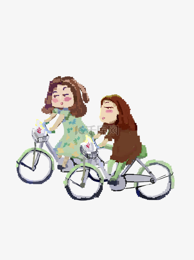 两个骑自行车的女孩像素化设计可