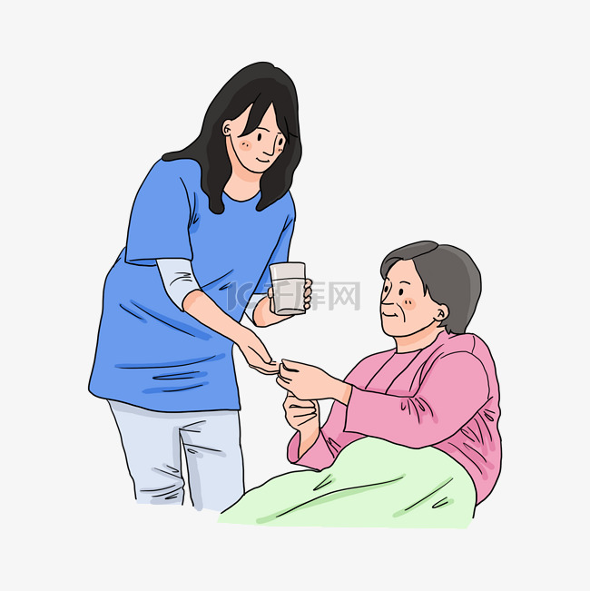 重阳节照护母亲吃药插画