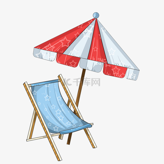 沙滩凳和太阳伞卡通手绘插画