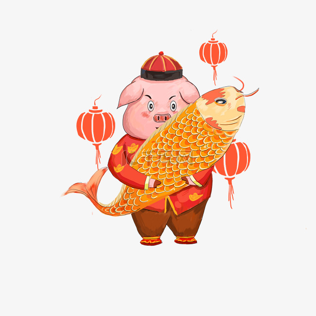 猪年送福锦鲤灯笼手绘插画