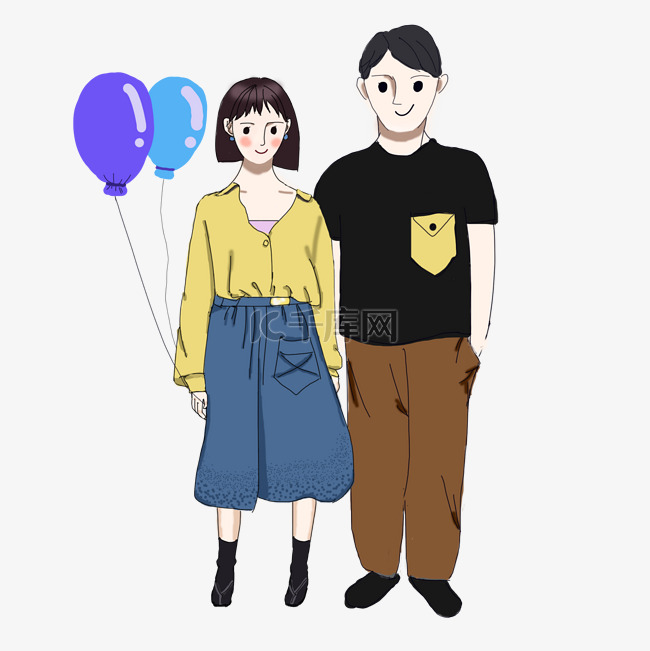 手绘拿着气球的情侣插画