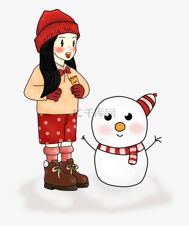 冬季卡通手绘小女孩堆雪人PNG