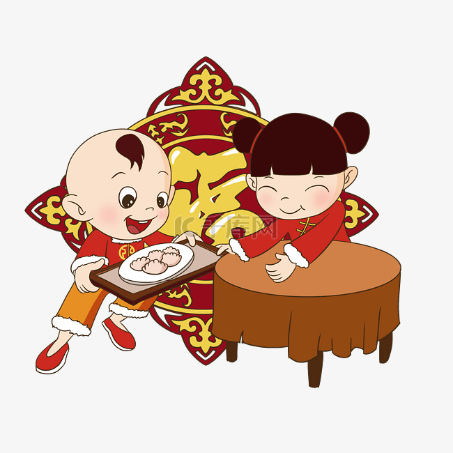 手绘新年福娃吃饺子插画