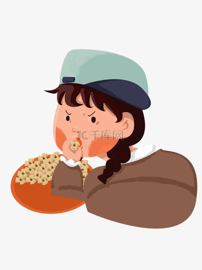 手绘卡通戴帽子的女孩吃爆米花元