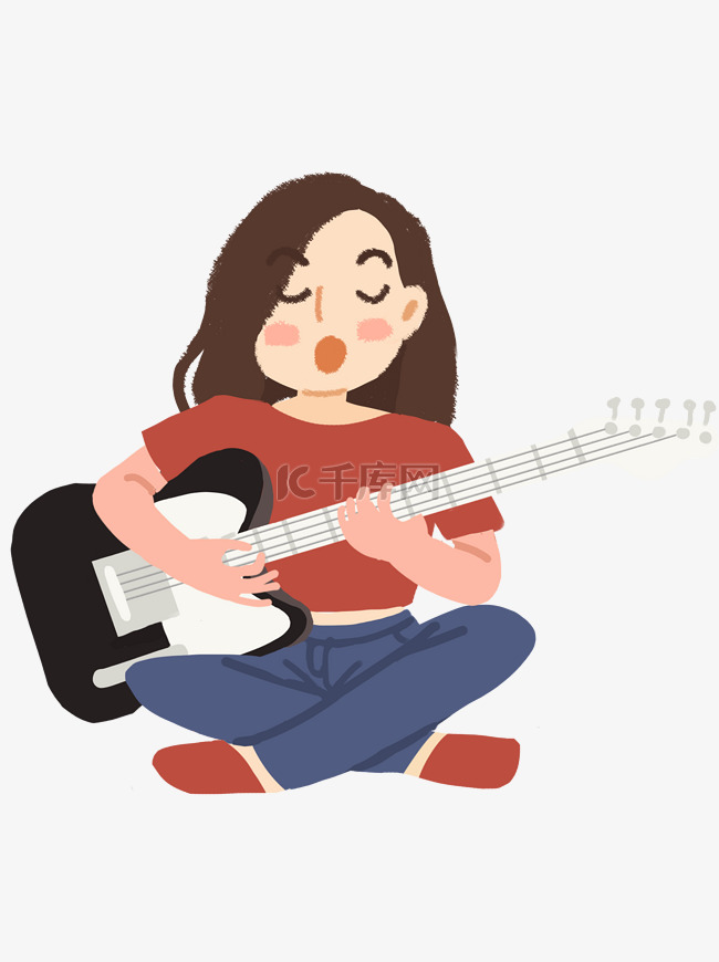 坐着弹吉他唱歌的女孩元素设计