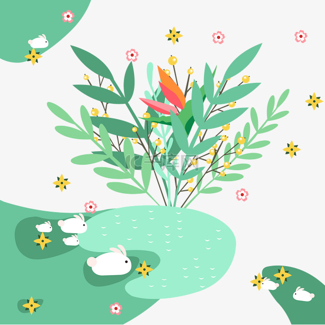 春季草地动物兔子植物鲜花图