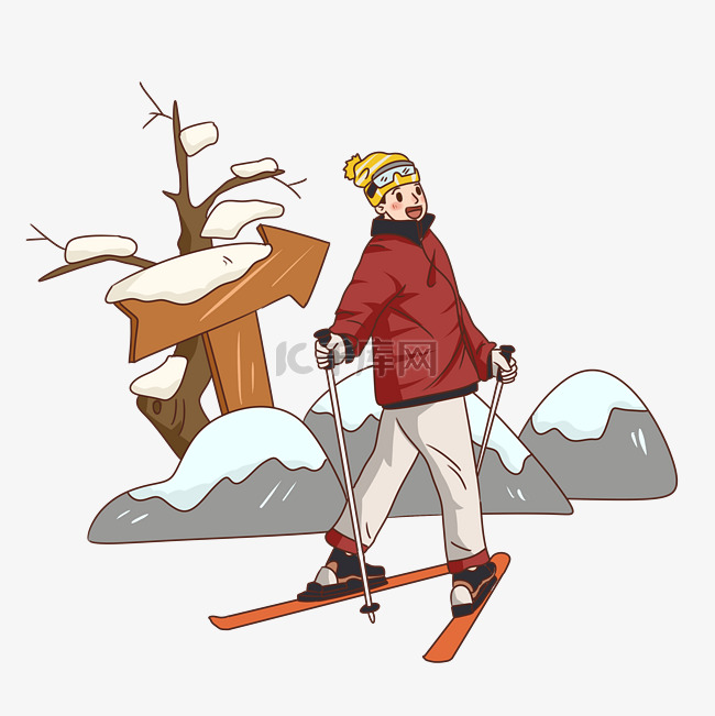 手绘冬季旅游雪上运动滑雪