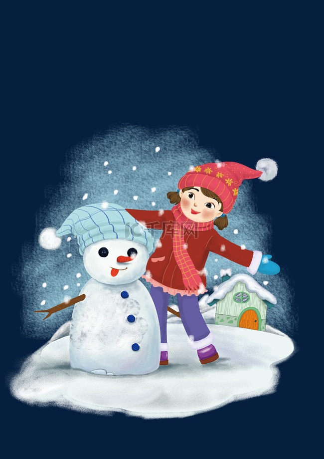 手绘雪人和小女孩
