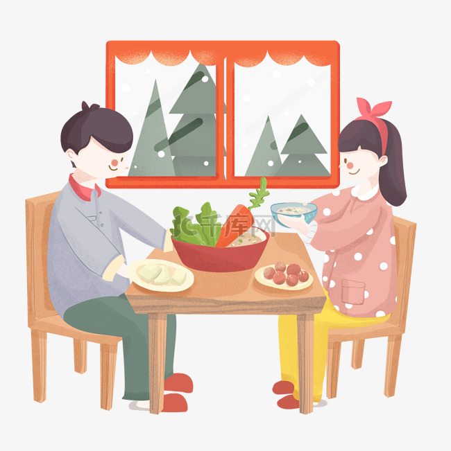 冬日情侣宅家吃火锅手绘卡通图