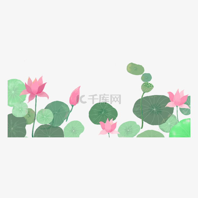 手绘中国风墨绿色荷叶荷花