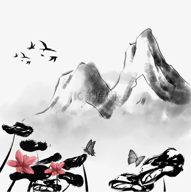 水墨风格中国风传统山雾气黑白手