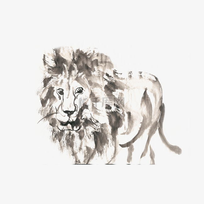 站立的狮子水墨画PNG免抠素材
