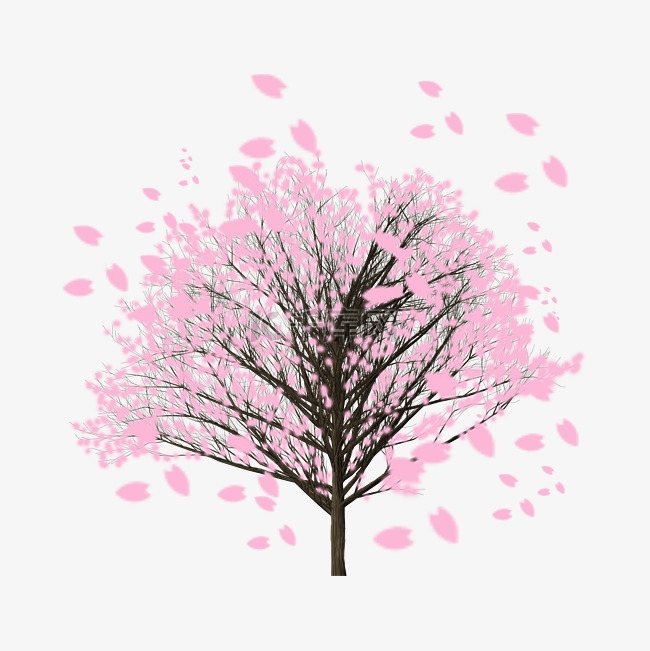 手绘植物樱花树樱花飞舞PNG图案