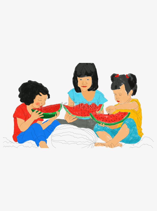 彩绘夏天吃西瓜的三个女娃娃