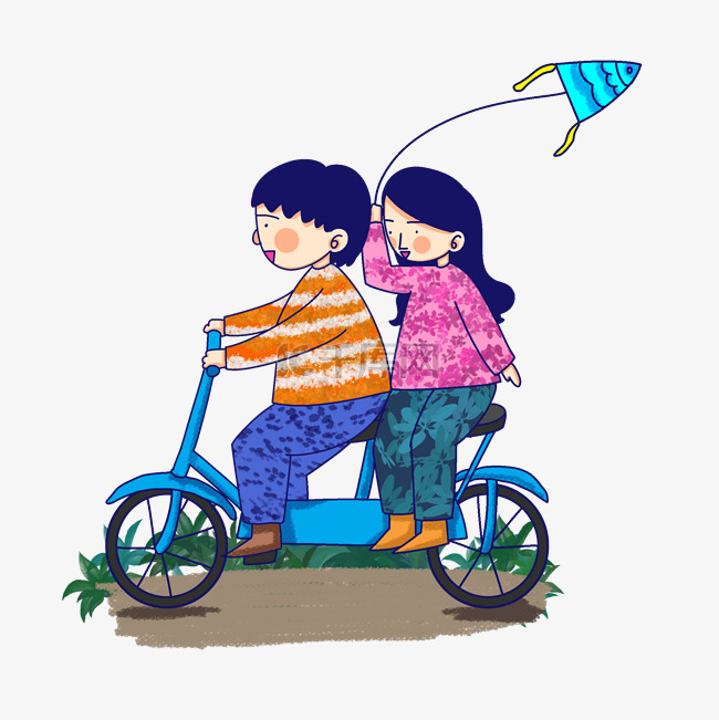 情侣骑自行车放风筝