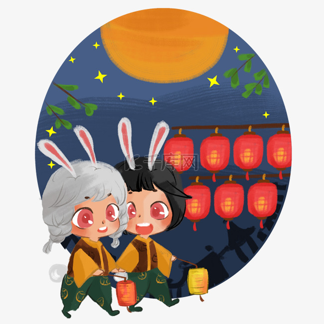 中秋节可爱月兔Q版人物手绘插画