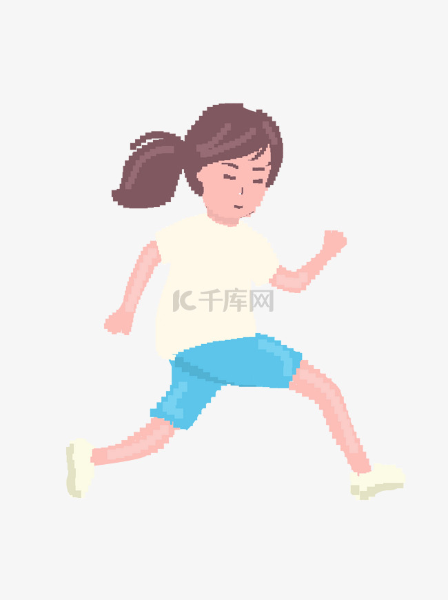 卡通跑步的小女孩像素化设计可商