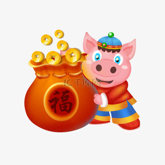 2019新年猪猪拿福袋卡通设计
